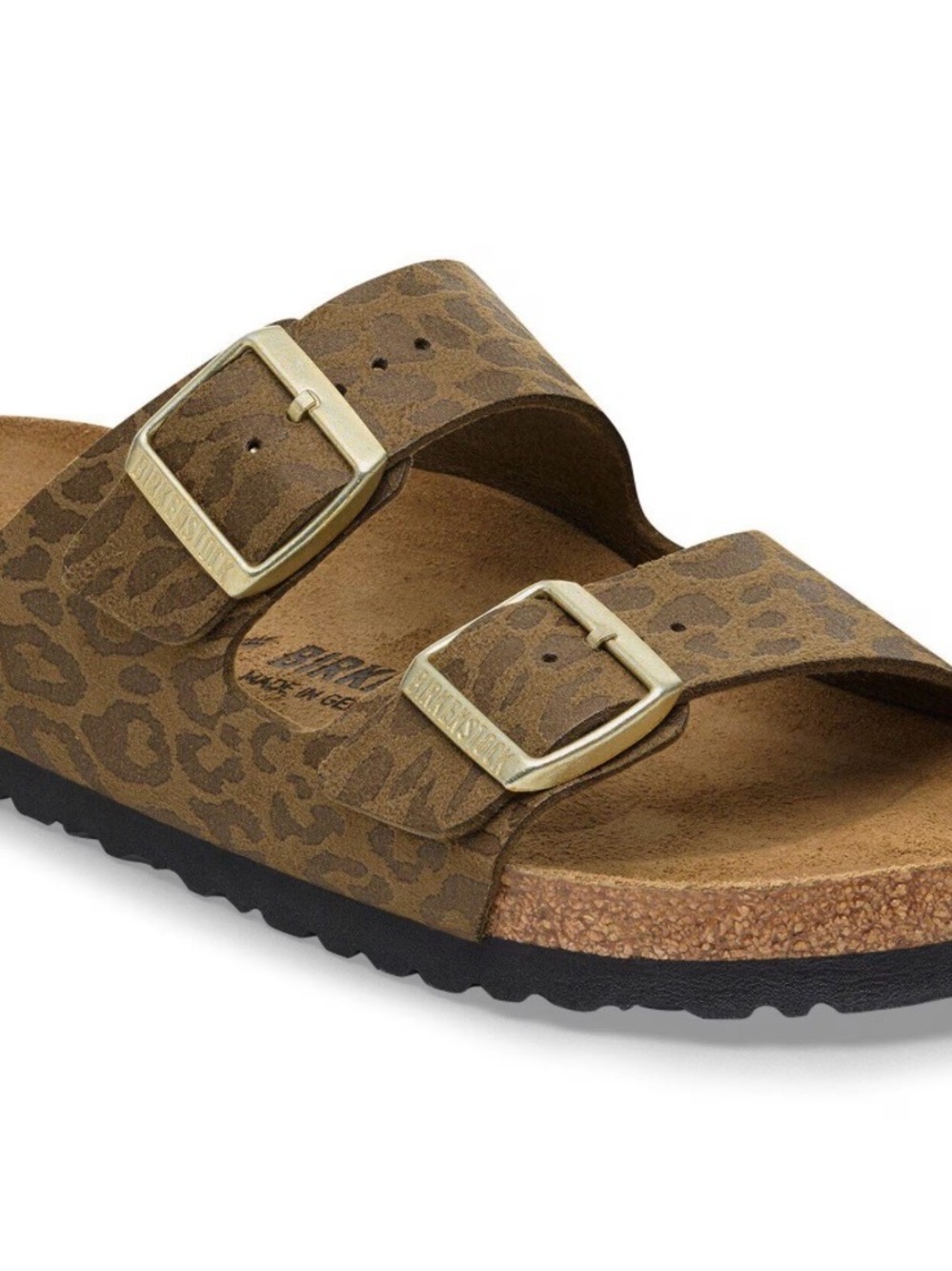 Birkenstock Arizona Leopard Print Brown Sandals with Gold Buckles